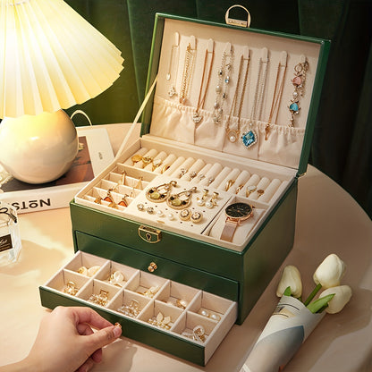 Nzmarket Leather Jewellery Box with Drawers – Black, Green & White