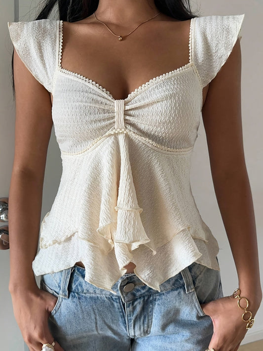 Nzmarket Lunora Y2K Sweetheart Neckline Ruffle-Hem T-Shirt