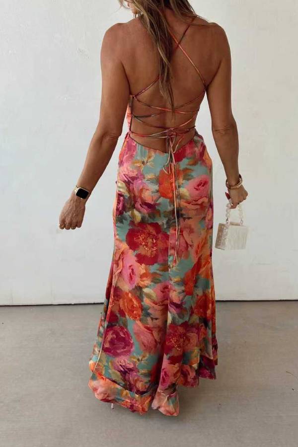 Fae | Floral Backless Satin Maxi Dress