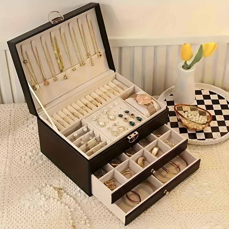 Nzmarket Leather Jewellery Box with Drawers – Black, Green & White
