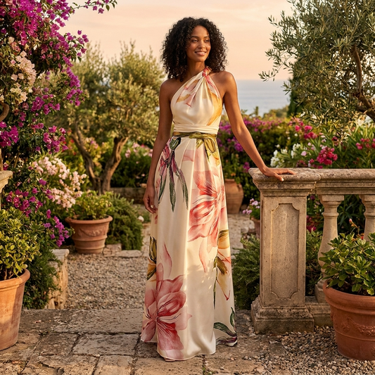 Printara | Printed Halter Asymmetric Occasion Maxi Dress