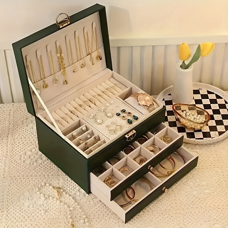 Nzmarket Leather Jewellery Box with Drawers – Black, Green & White