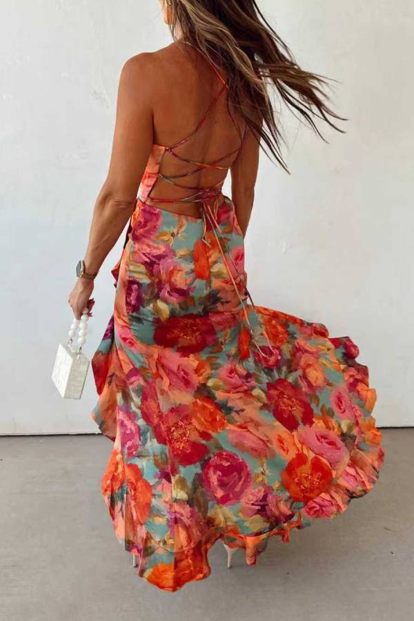 Fae | Floral Backless Satin Maxi Dress