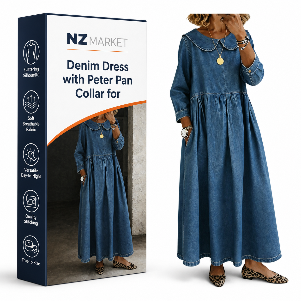 Denim Dress with Peter Pan Collar for Women