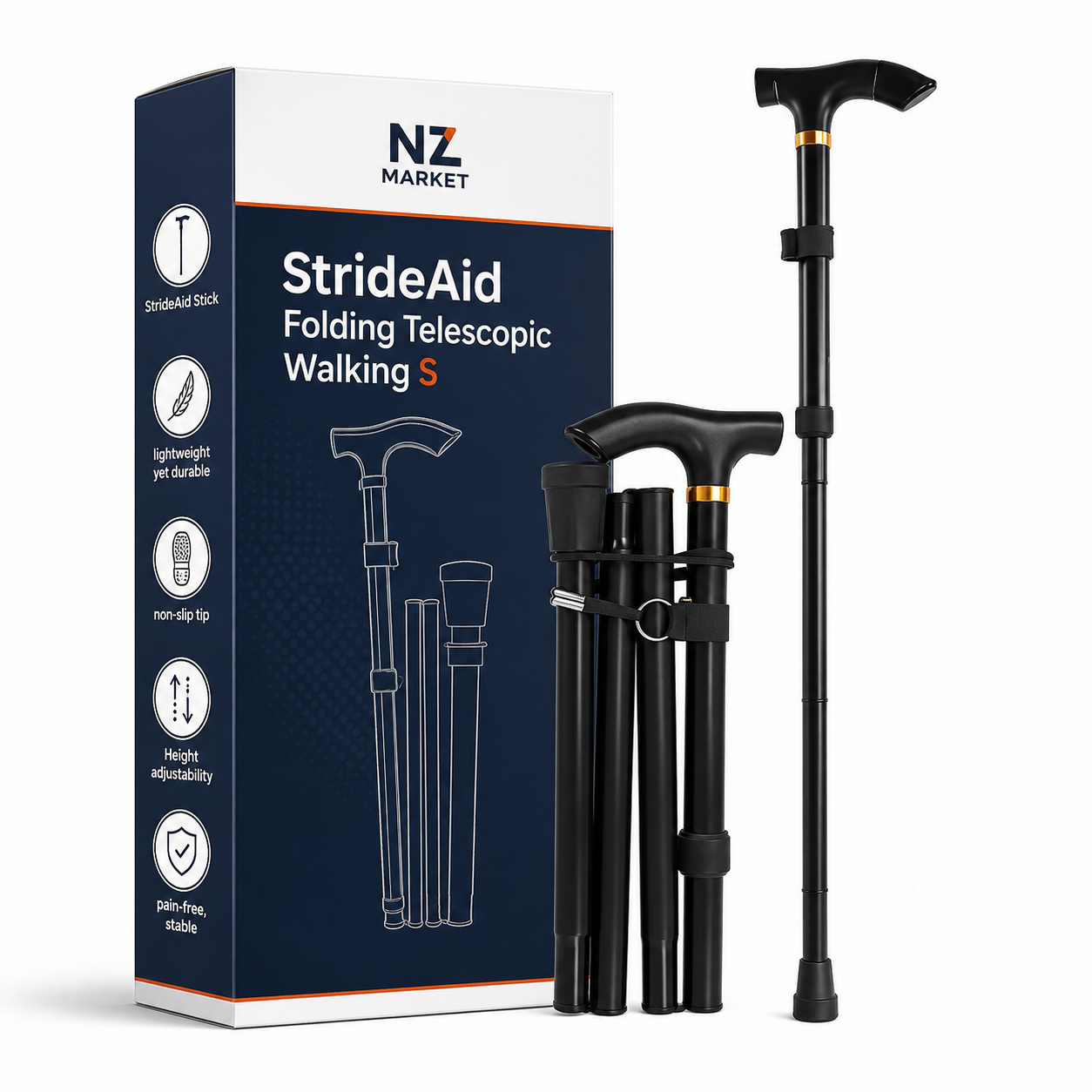 StrideAid Folding Telescopic Walking Stick | Adjustable Cane