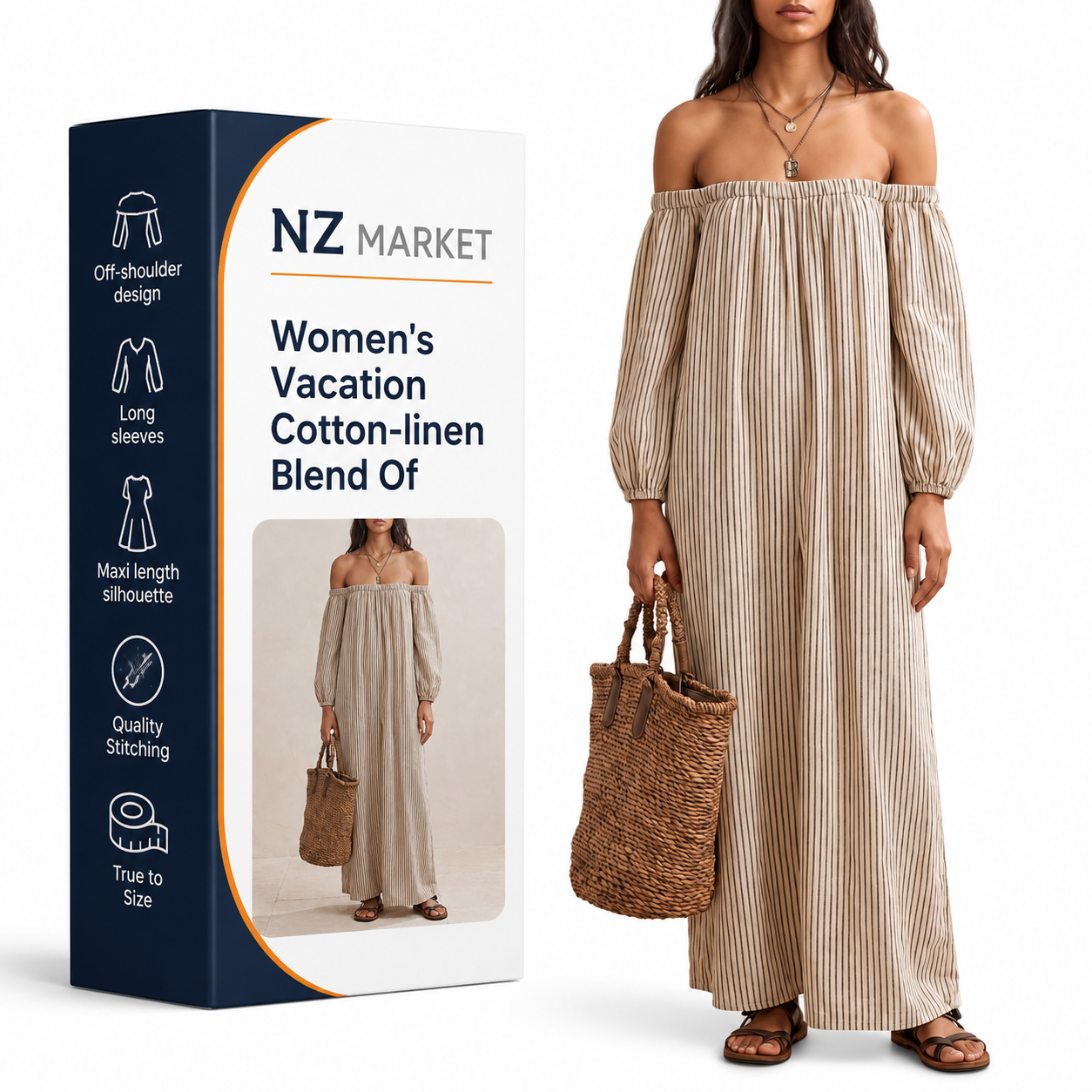 Women's Vacation Cotton-linen Blend Off-shoulder Long-sleeved Maxi Dress