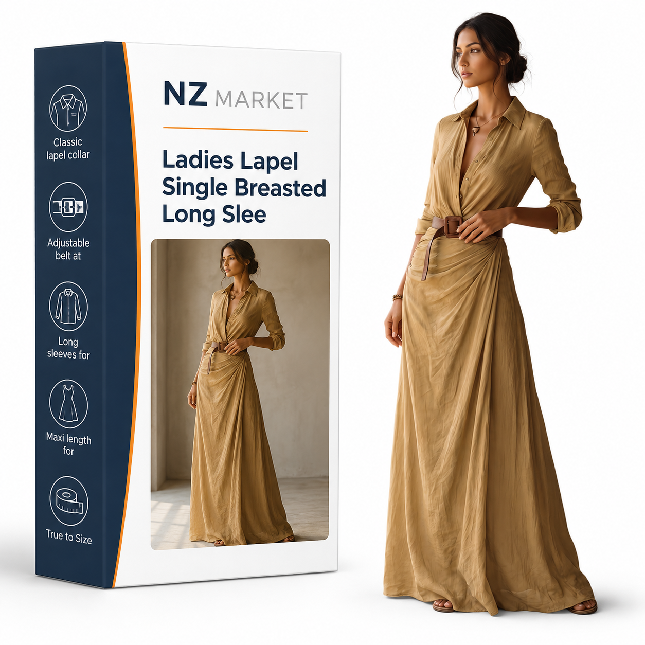 Ladies Lapel Single Breasted Long Sleeve Belted Maxi Dress