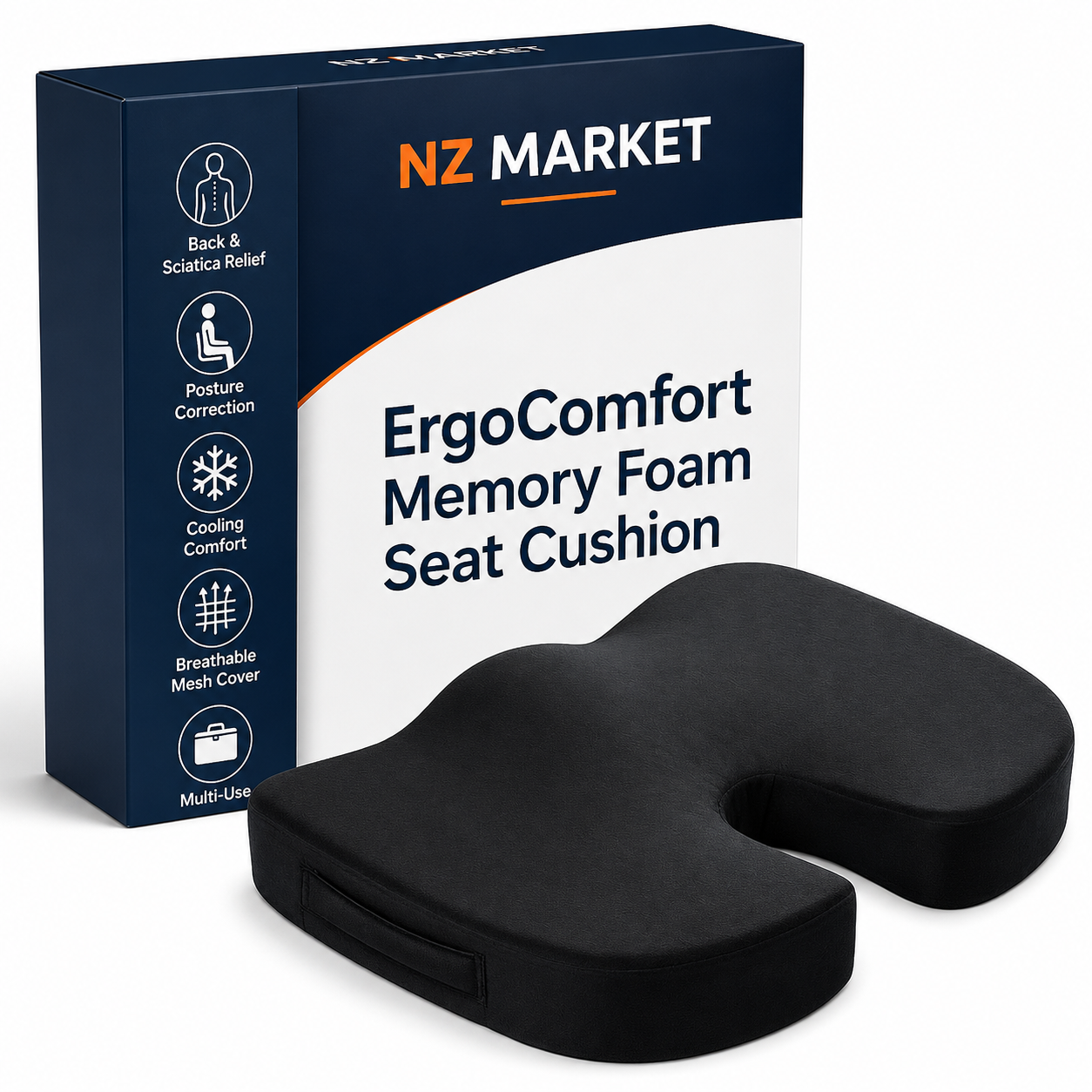 ErgoComfort Memory Foam Seat Cushion - Sciatica & Back Pain Relief