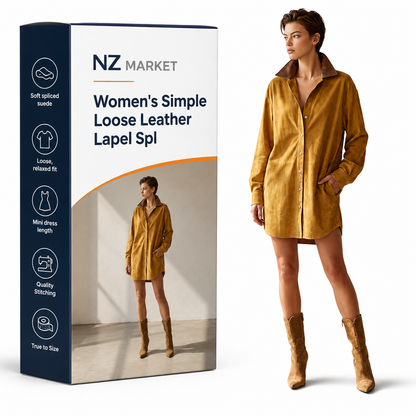 Women's Simple Loose Leather Lapel Spliced Suede Mini Dress