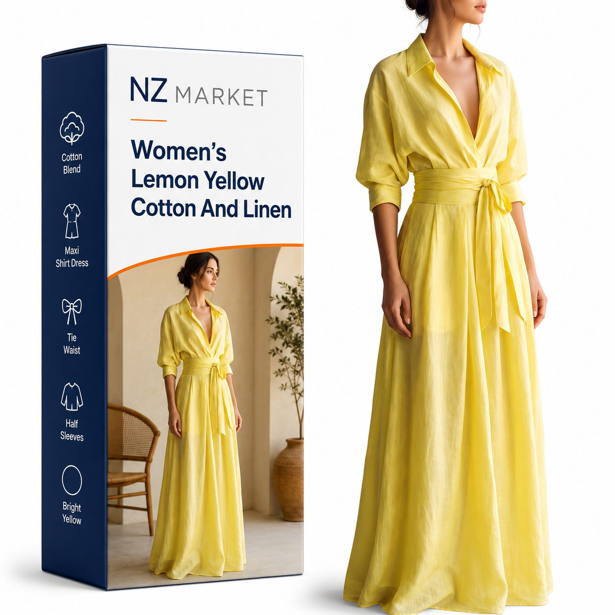 Women's Lemon Yellow Cotton And Linen Blend Maxi Shirt Dress With Tie Waist & Half Sleeves