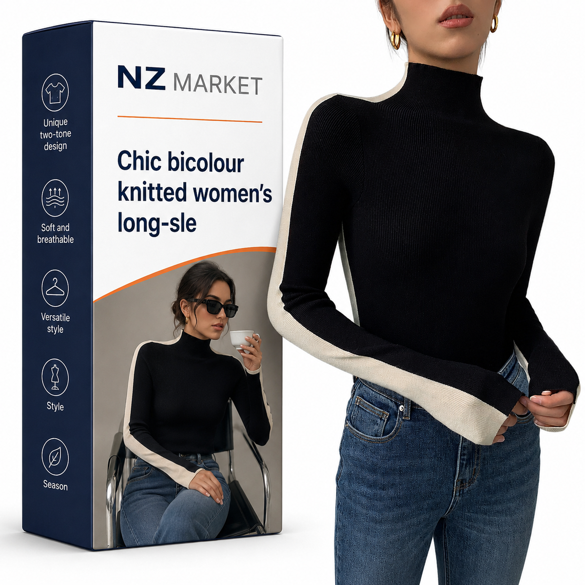 Chic bicolour knitted women's long-sleeved top | Sophie