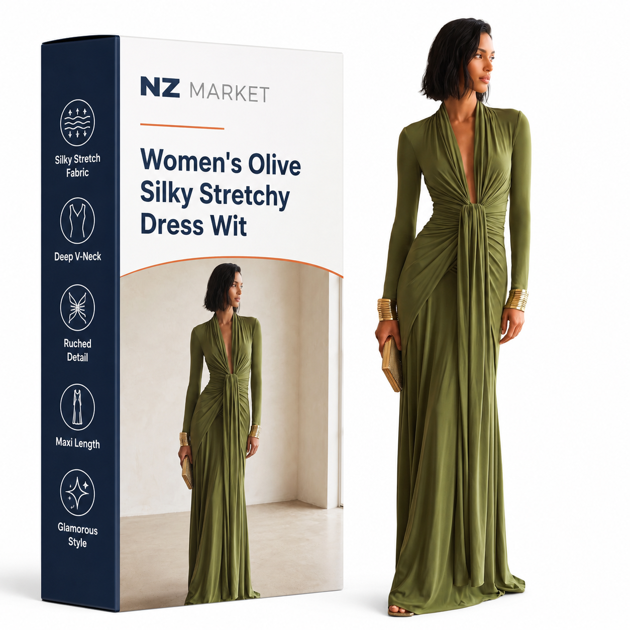 Women's Olive Silky Stretchy Dress With Deep V-Neck & Ruched Detail, Glamorous Maxi Dress