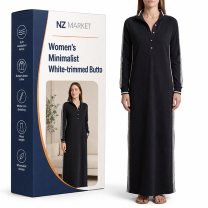 Women's Minimalist White-trimmed Button-down Collar Sweatshirt Dress Maxi Dress