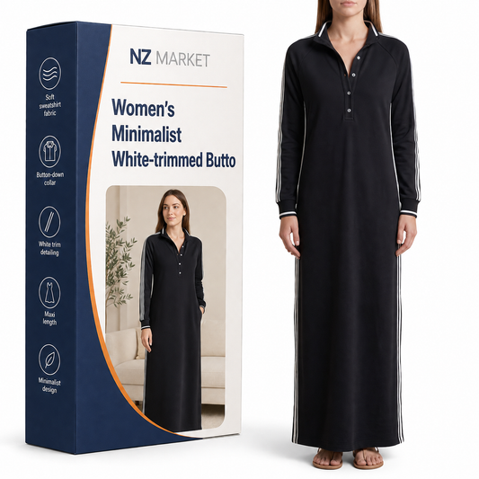 Women's Minimalist White-trimmed Button-down Collar Sweatshirt Dress Maxi Dress