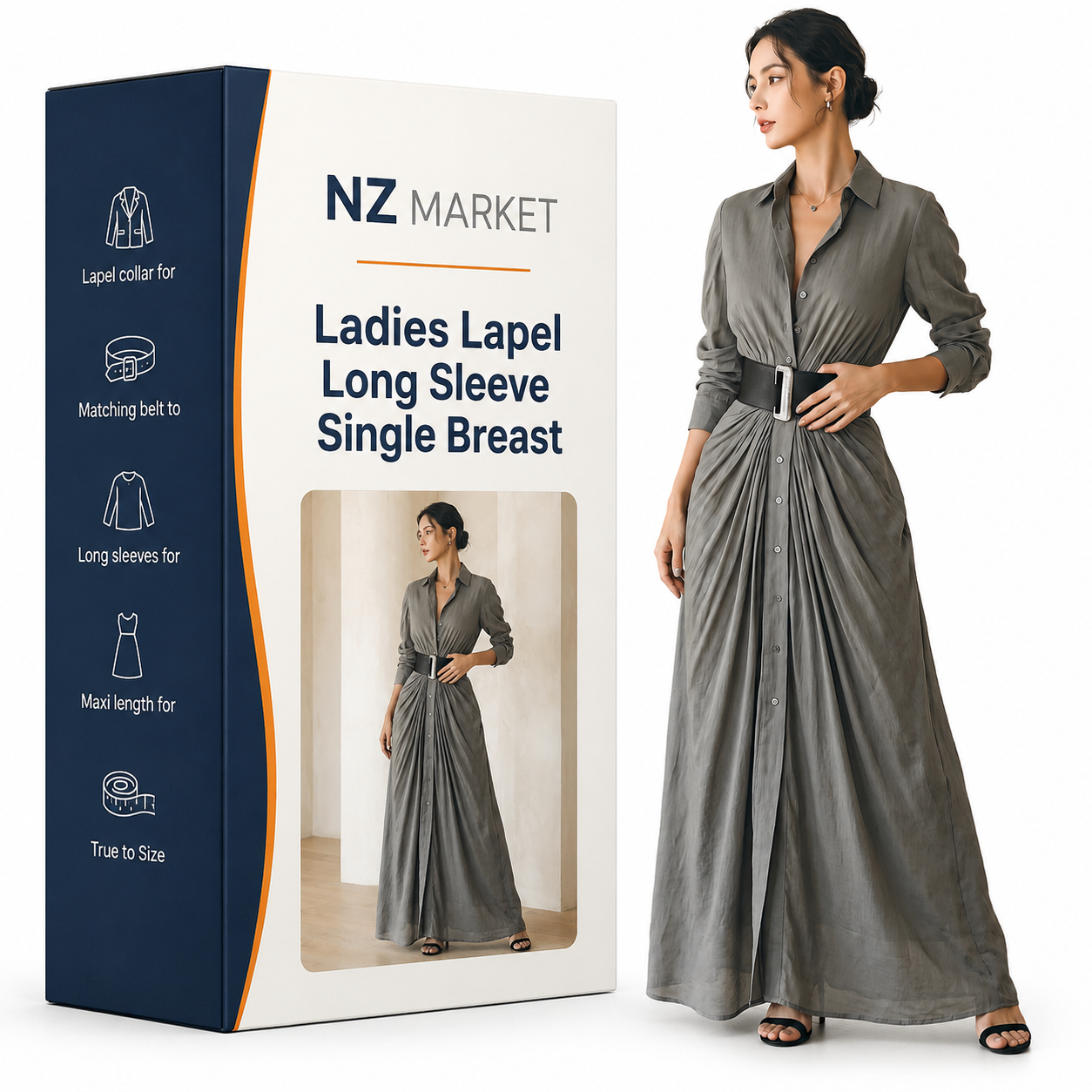 Ladies Lapel Long Sleeve Single Breasted Belt Maxi Dress