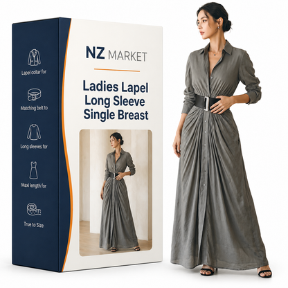 Ladies Lapel Long Sleeve Single Breasted Belt Maxi Dress