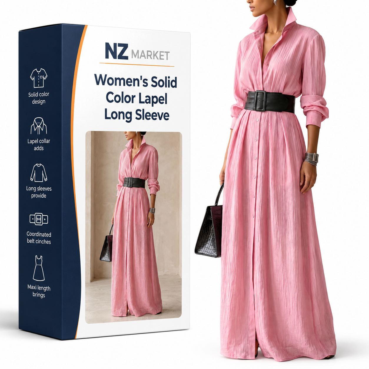 Women's Solid Color Lapel Long Sleeve Single Breasted Belt Maxi Shirt Dress