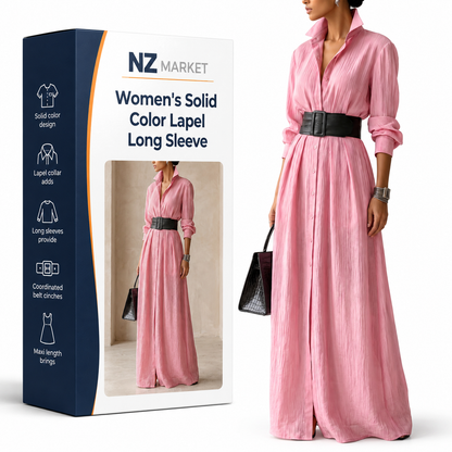 Women's Solid Color Lapel Long Sleeve Single Breasted Belt Maxi Shirt Dress