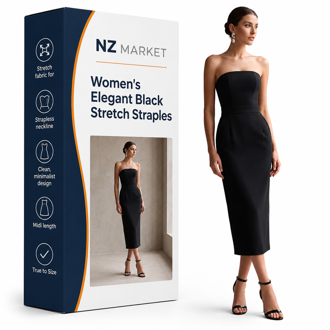 Women's Elegant Black Stretch Strapless Bodycon Midi Dress