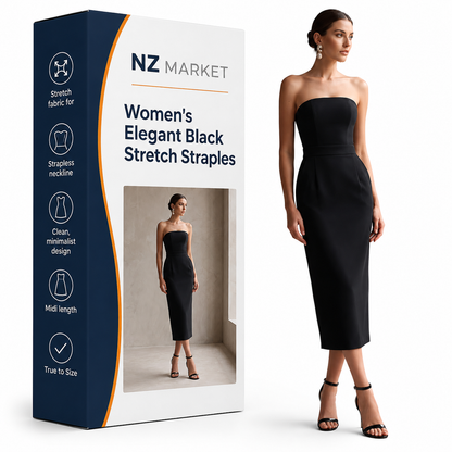 Women's Elegant Black Stretch Strapless Bodycon Midi Dress