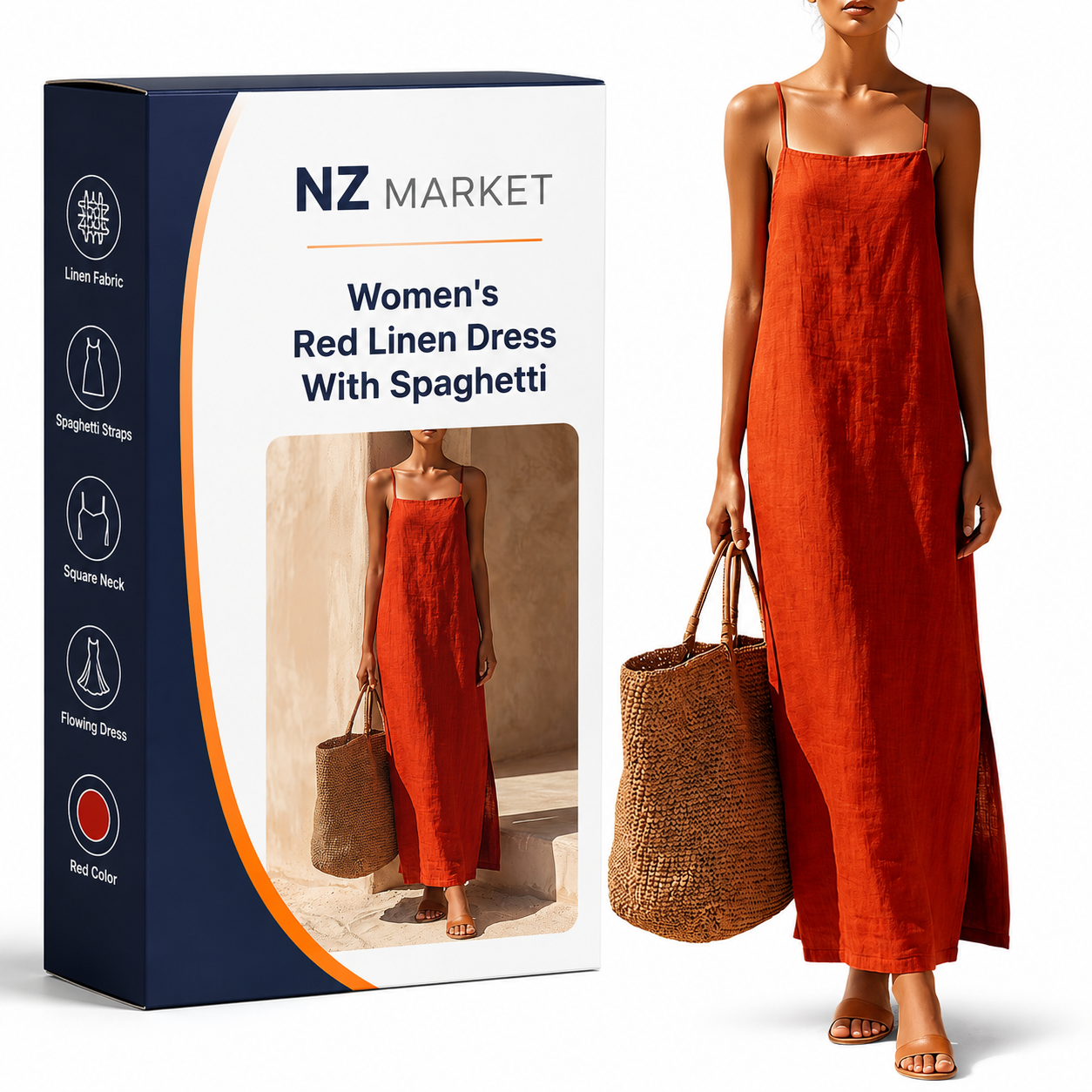 Women's Red Linen Dress With Spaghetti Straps & Square Neck, Timeless Boho-Resort Style Dress