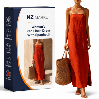 Women's Red Linen Dress With Spaghetti Straps & Square Neck, Timeless Boho-Resort Style Dress