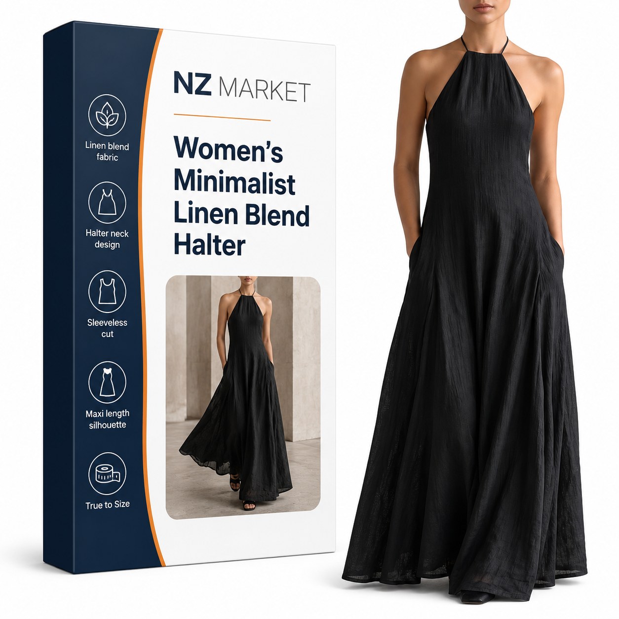 Women's Minimalist Linen Blend Halter Neck Sleeveless Maxi Dress