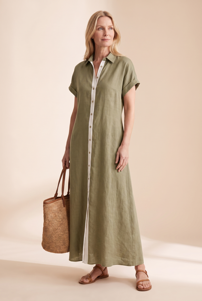 Women's Minimalist Linen Blend Short-sleeved Shirt Maxi Dress
