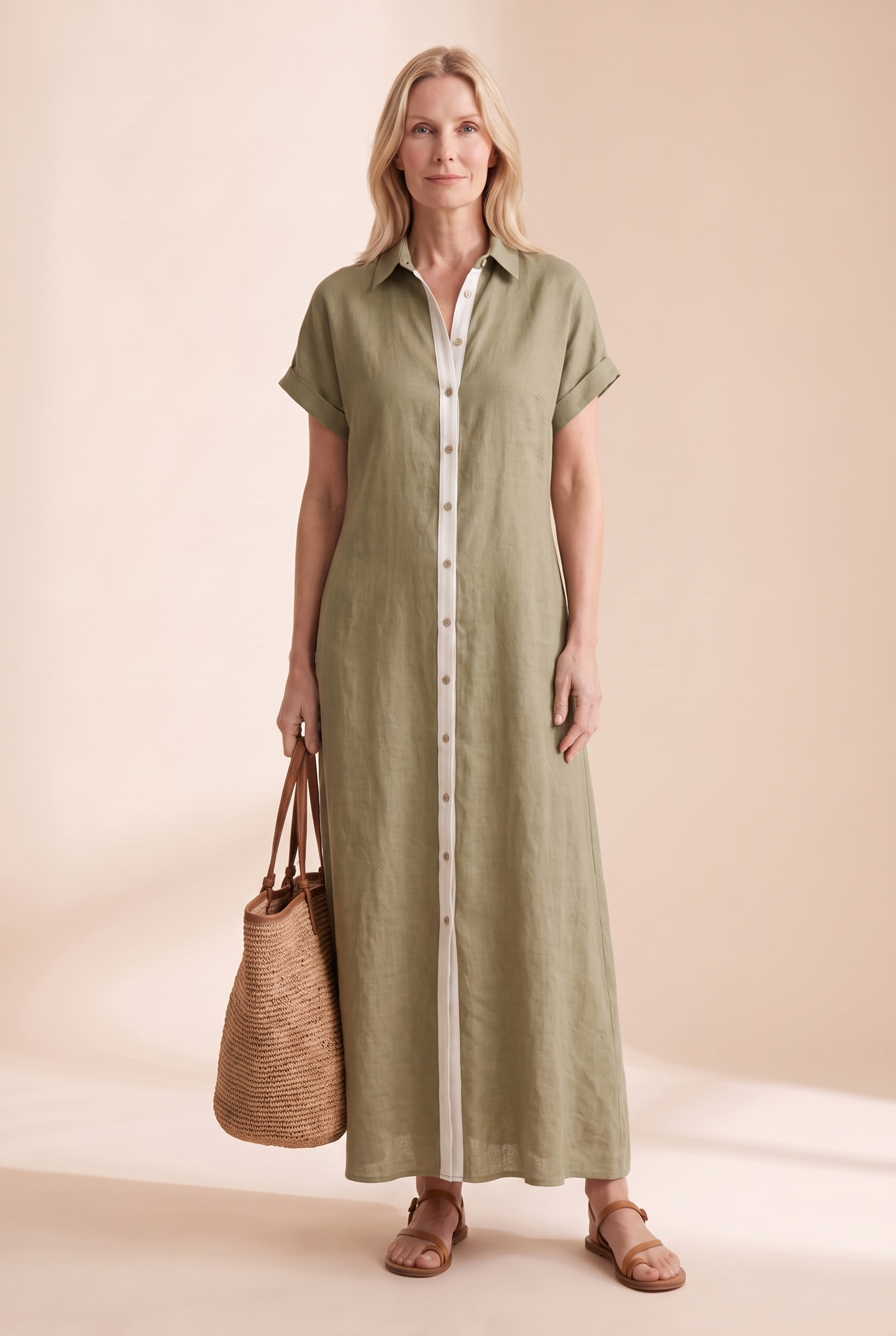 Women's Minimalist Linen Blend Short-sleeved Shirt Maxi Dress