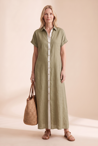 Women's Minimalist Linen Blend Short-sleeved Shirt Maxi Dress