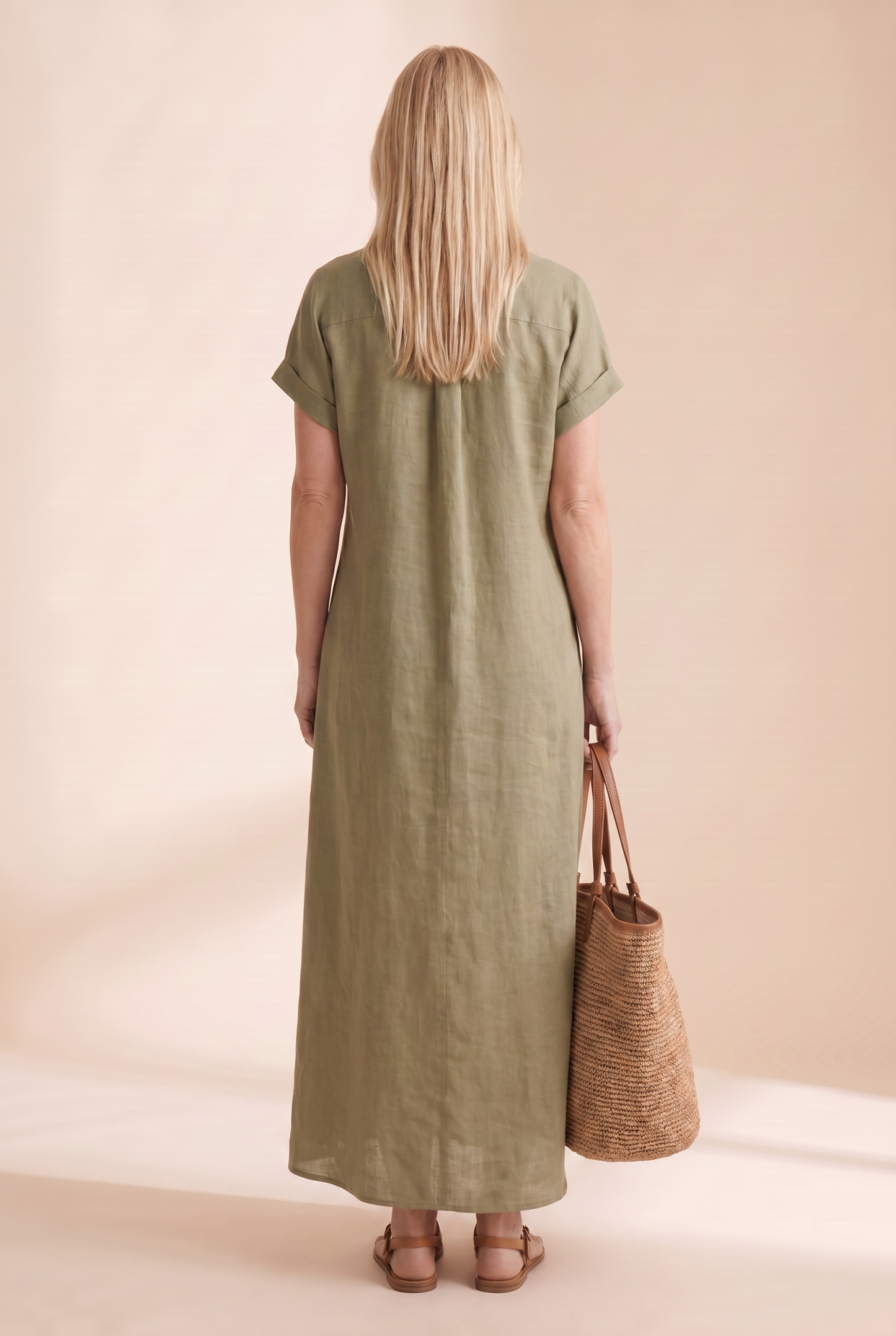 Women's Minimalist Linen Blend Short-sleeved Shirt Maxi Dress