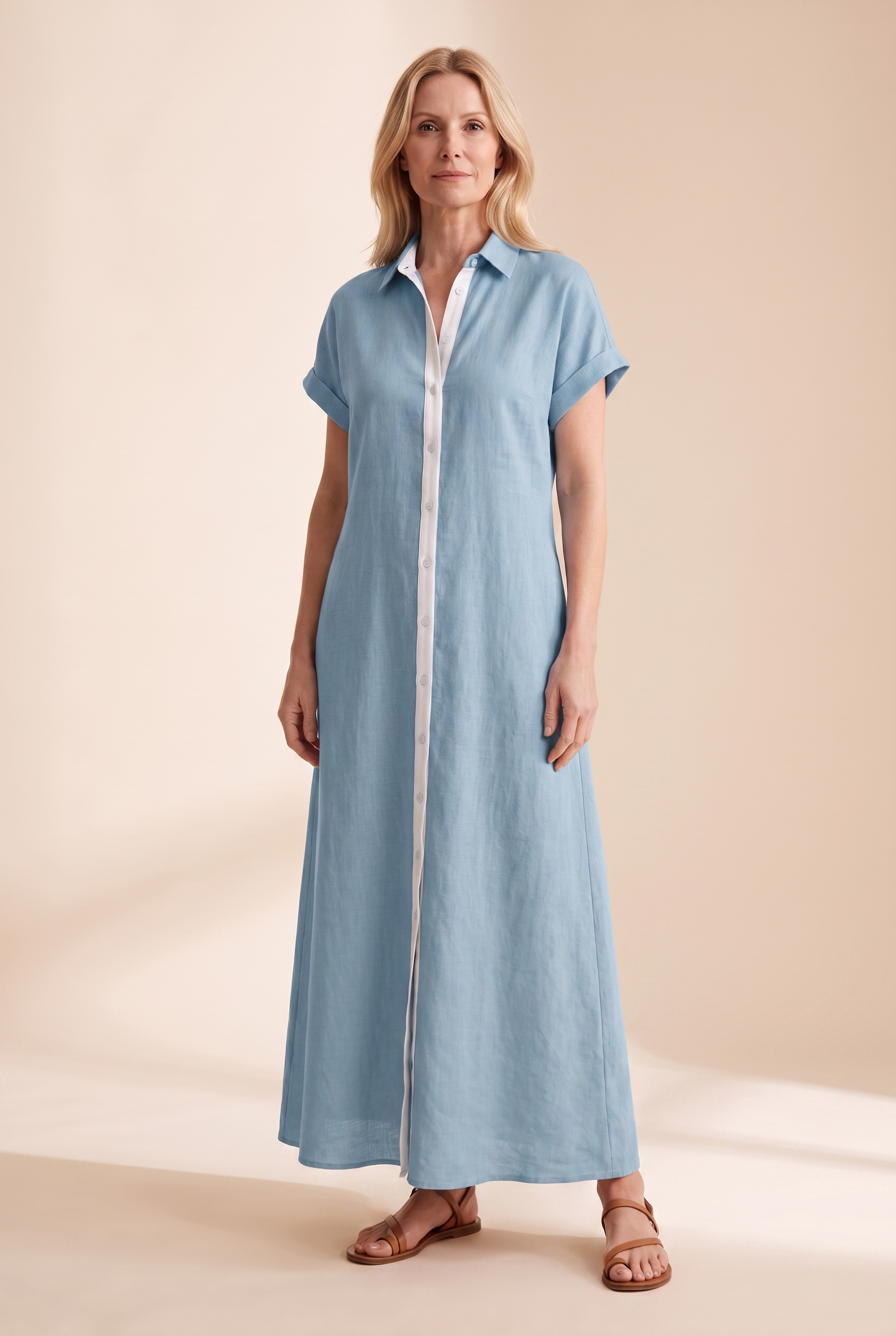 Women's Minimalist Linen Blend Short-sleeved Shirt Maxi Dress