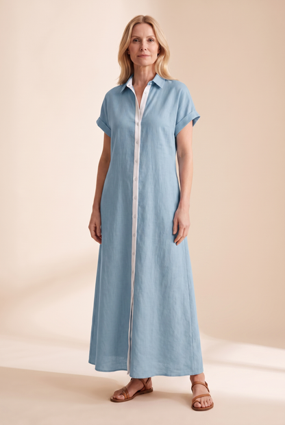 Women's Minimalist Linen Blend Short-sleeved Shirt Maxi Dress