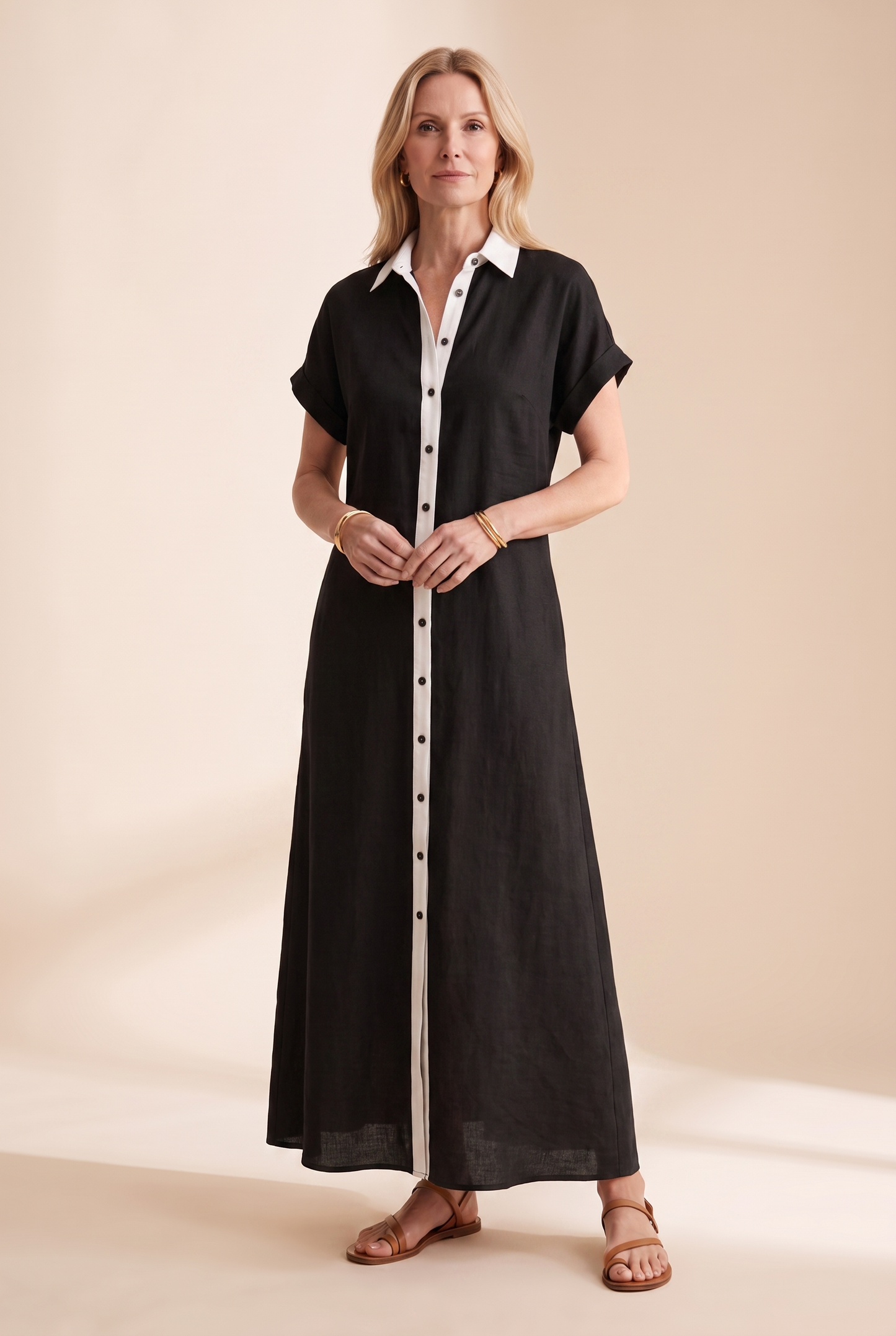 Women's Minimalist Linen Blend Short-sleeved Shirt Maxi Dress