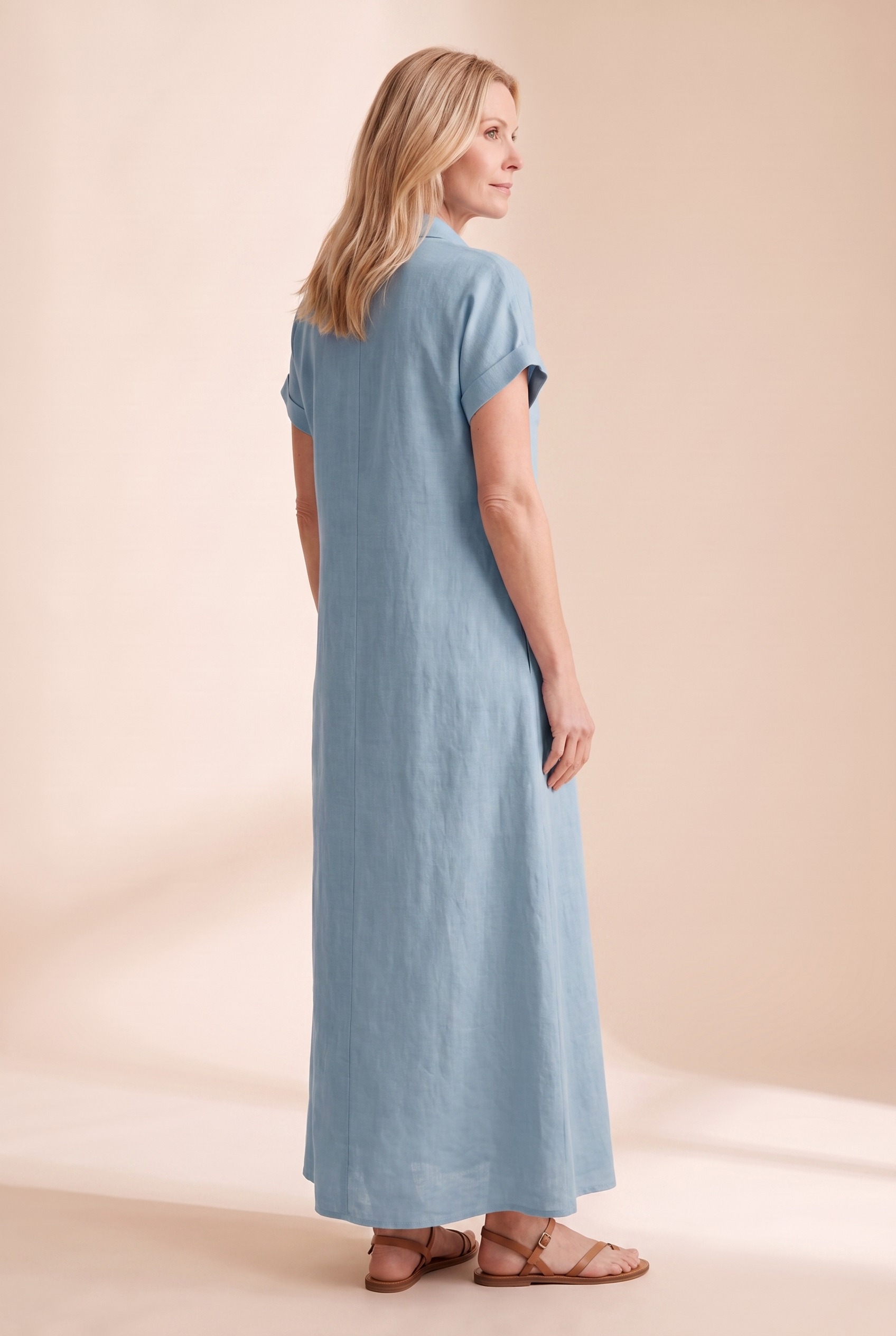 Women's Minimalist Linen Blend Short-sleeved Shirt Maxi Dress