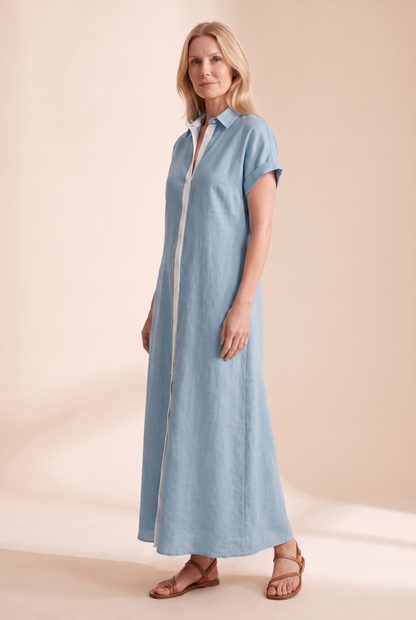 Women's Minimalist Linen Blend Short-sleeved Shirt Maxi Dress