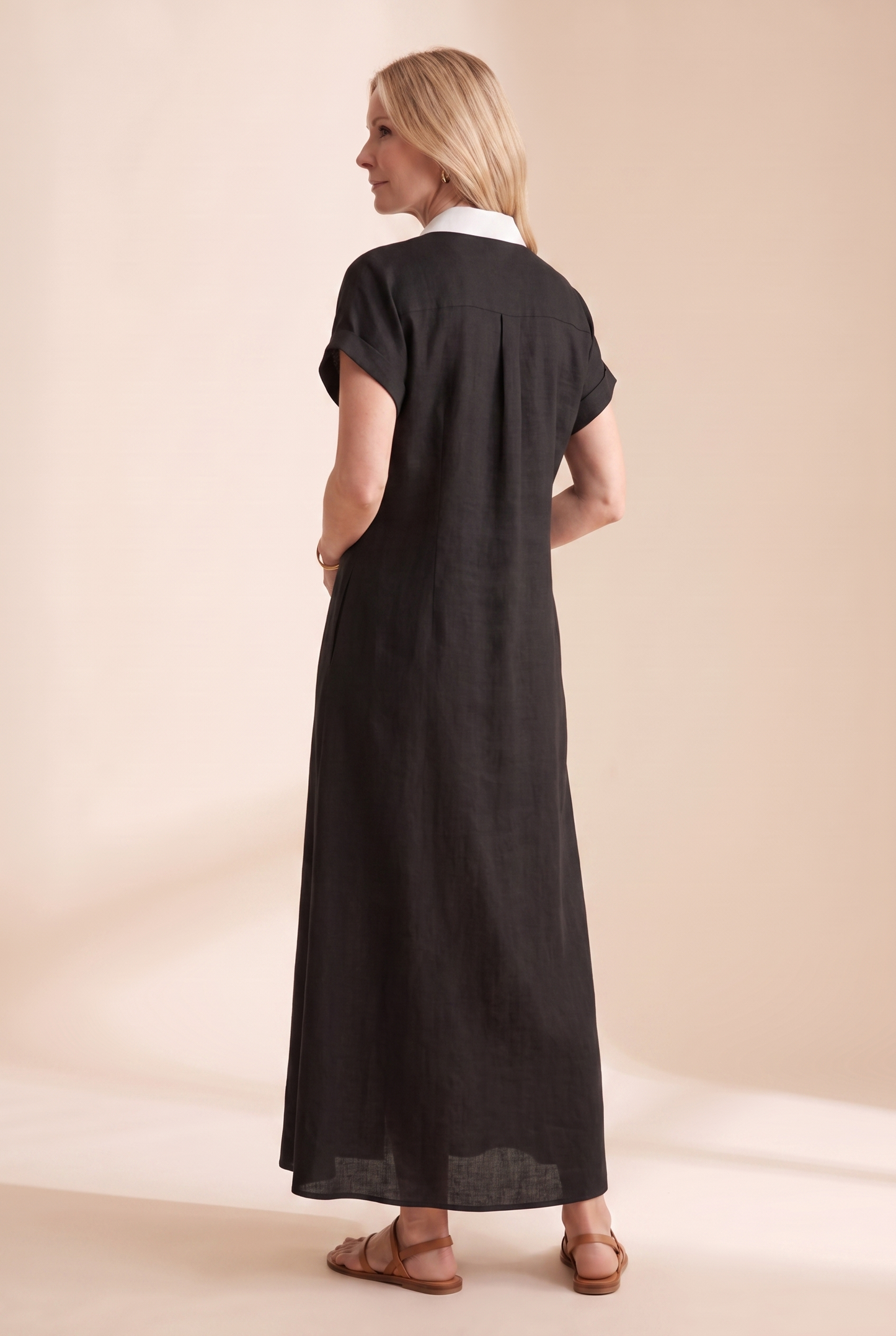 Women's Minimalist Linen Blend Short-sleeved Shirt Maxi Dress