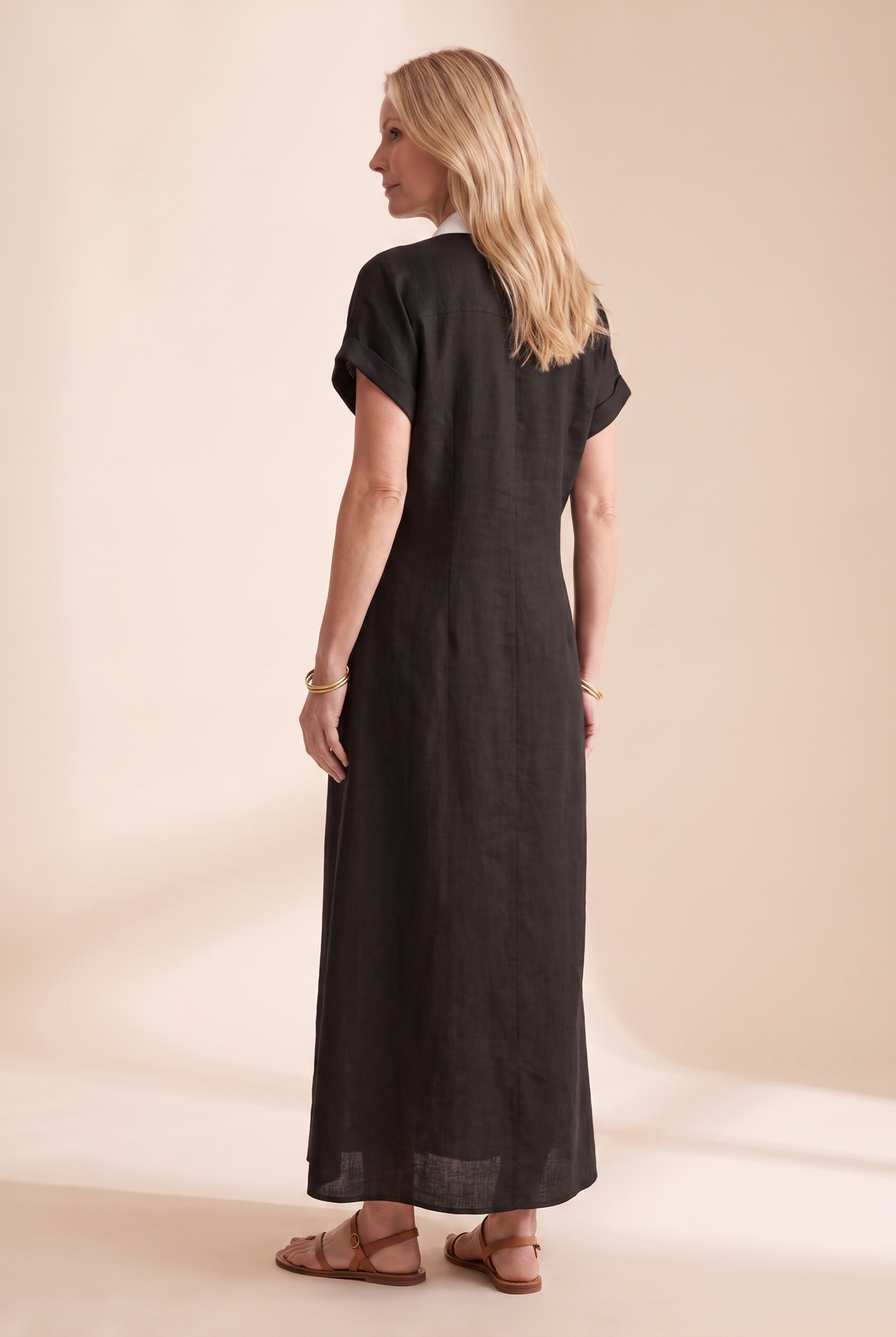 Women's Minimalist Linen Blend Short-sleeved Shirt Maxi Dress