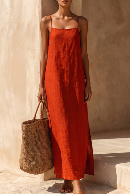 Women's Red Linen Dress With Spaghetti Straps & Square Neck, Timeless Boho-Resort Style Dress