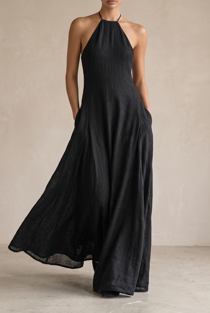 Women's Minimalist Linen Blend Halter Neck Sleeveless Maxi Dress