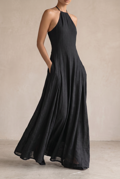 Women's Minimalist Linen Blend Halter Neck Sleeveless Maxi Dress