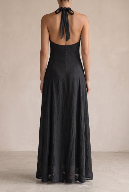 Women's Minimalist Linen Blend Halter Neck Sleeveless Maxi Dress