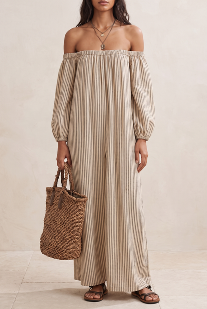 Women's Vacation Cotton-linen Blend Off-shoulder Long-sleeved Maxi Dress