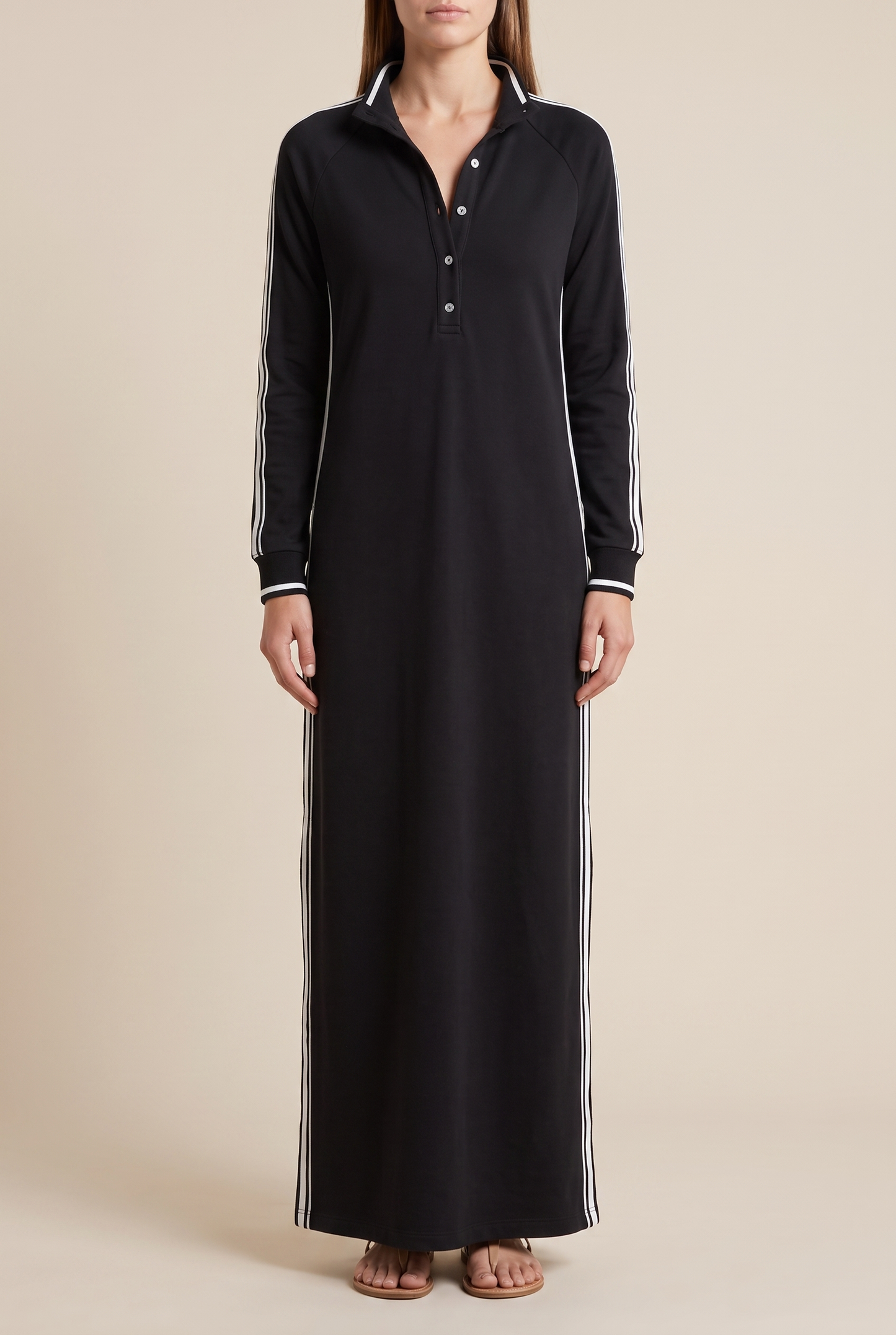 Women's Minimalist White-trimmed Button-down Collar Sweatshirt Dress Maxi Dress