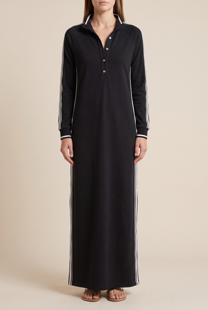 Women's Minimalist White-trimmed Button-down Collar Sweatshirt Dress Maxi Dress
