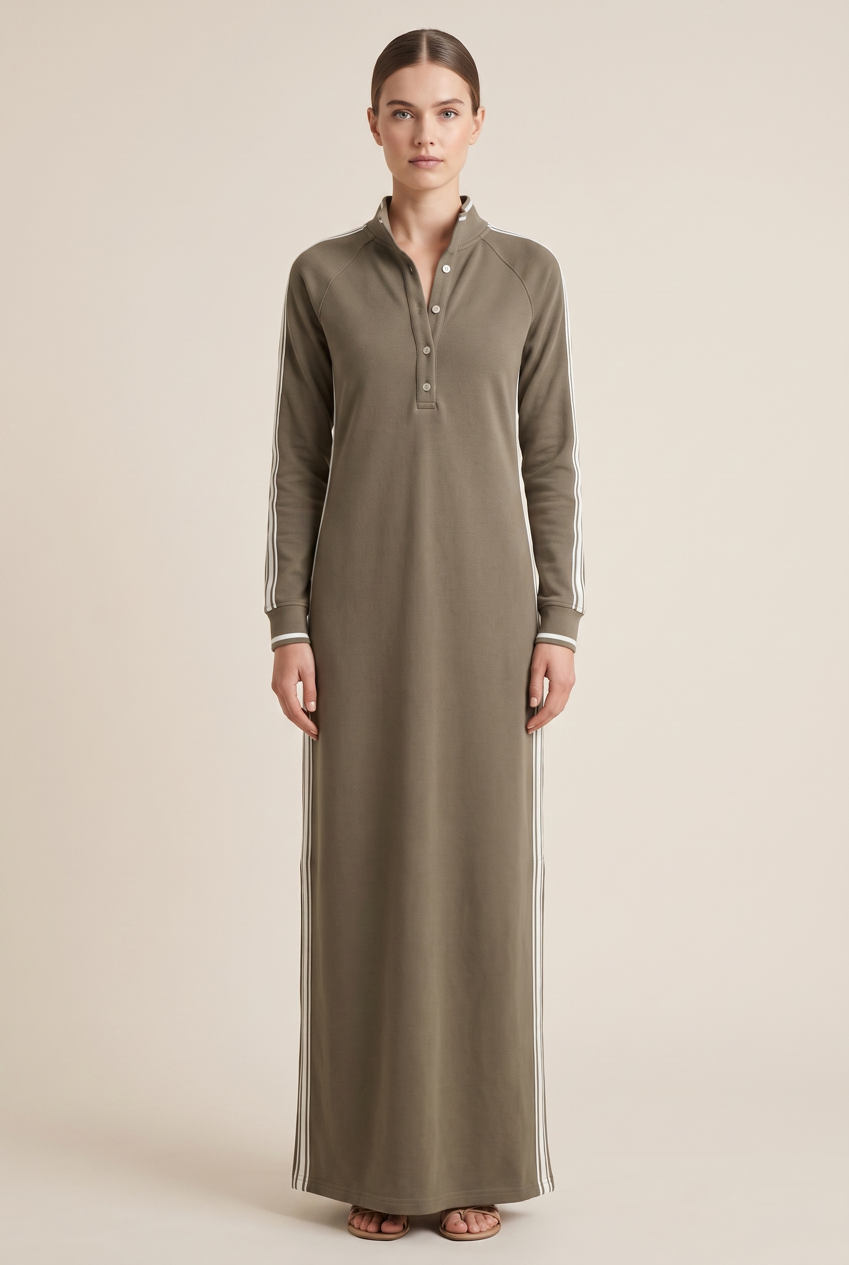 Women's Minimalist White-trimmed Button-down Collar Sweatshirt Dress Maxi Dress
