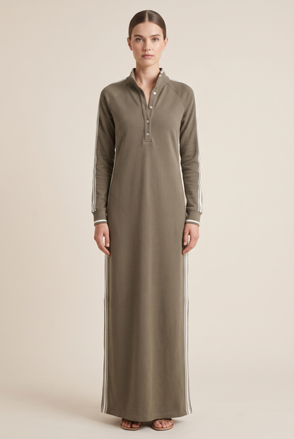 Women's Minimalist White-trimmed Button-down Collar Sweatshirt Dress Maxi Dress