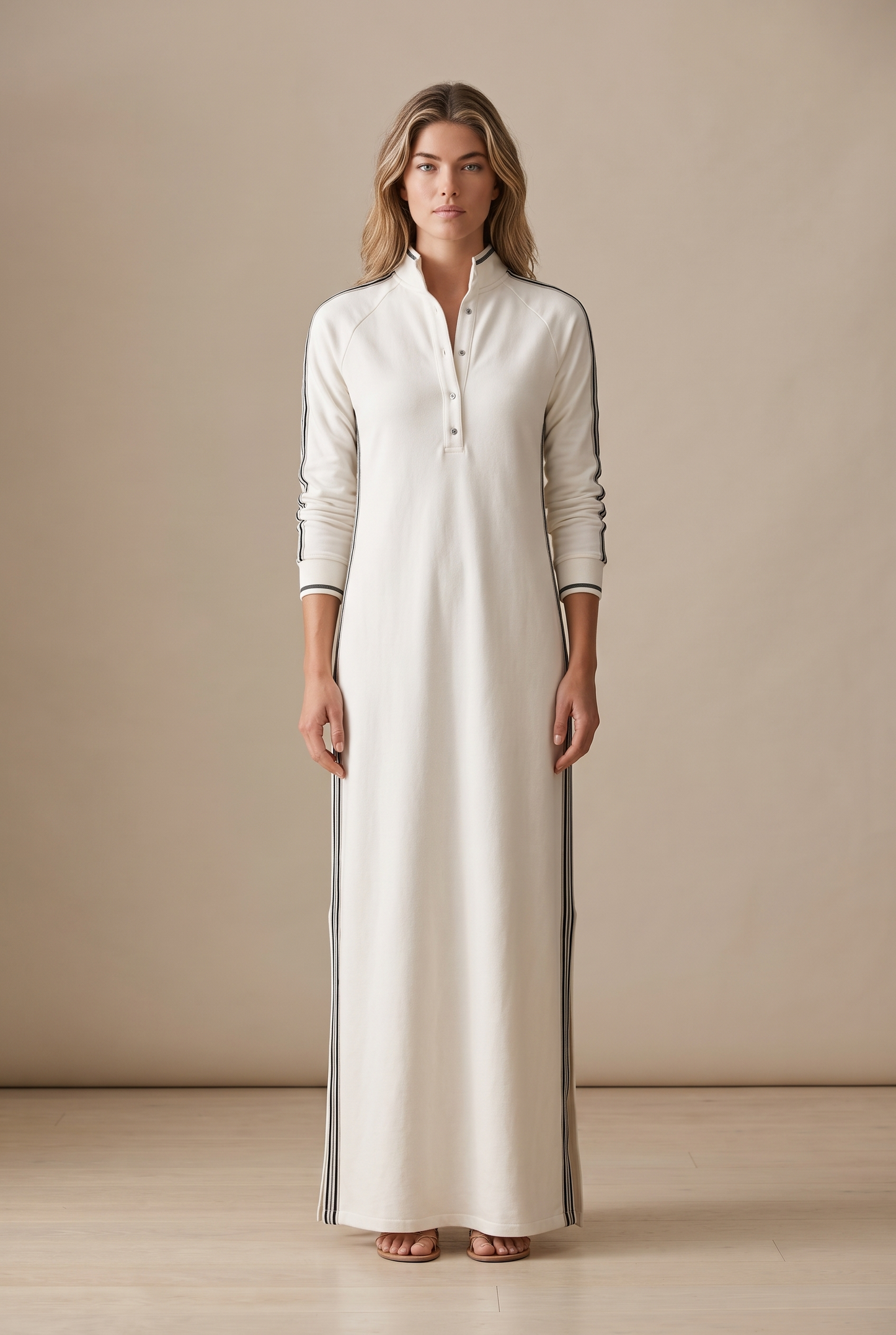 Women's Minimalist White-trimmed Button-down Collar Sweatshirt Dress Maxi Dress