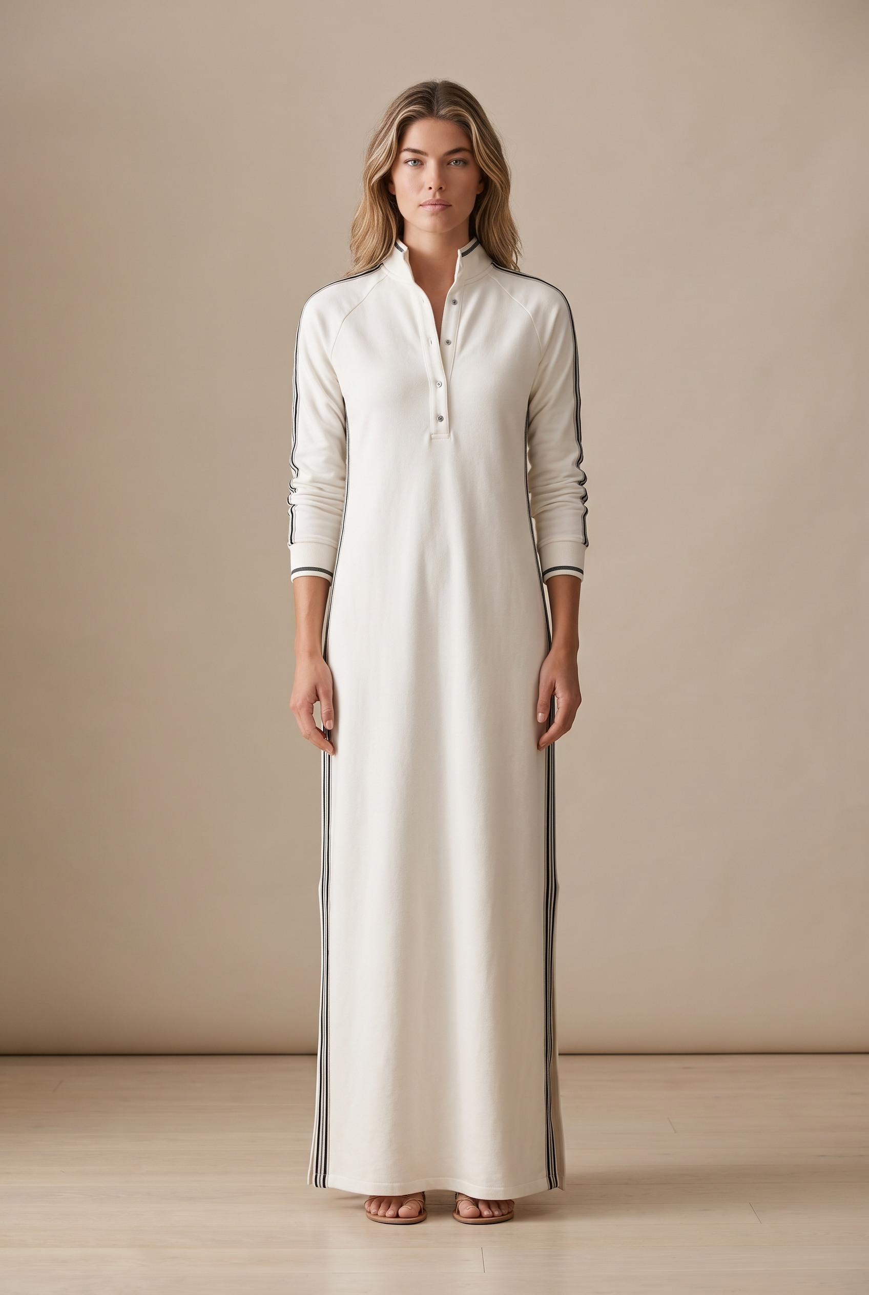 Women's Minimalist White-trimmed Button-down Collar Sweatshirt Dress Maxi Dress