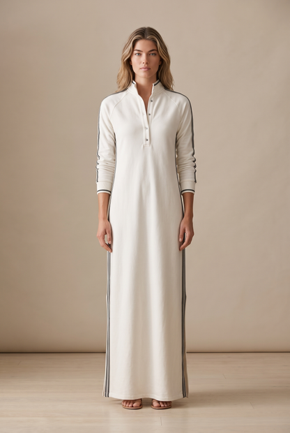Women's Minimalist White-trimmed Button-down Collar Sweatshirt Dress Maxi Dress